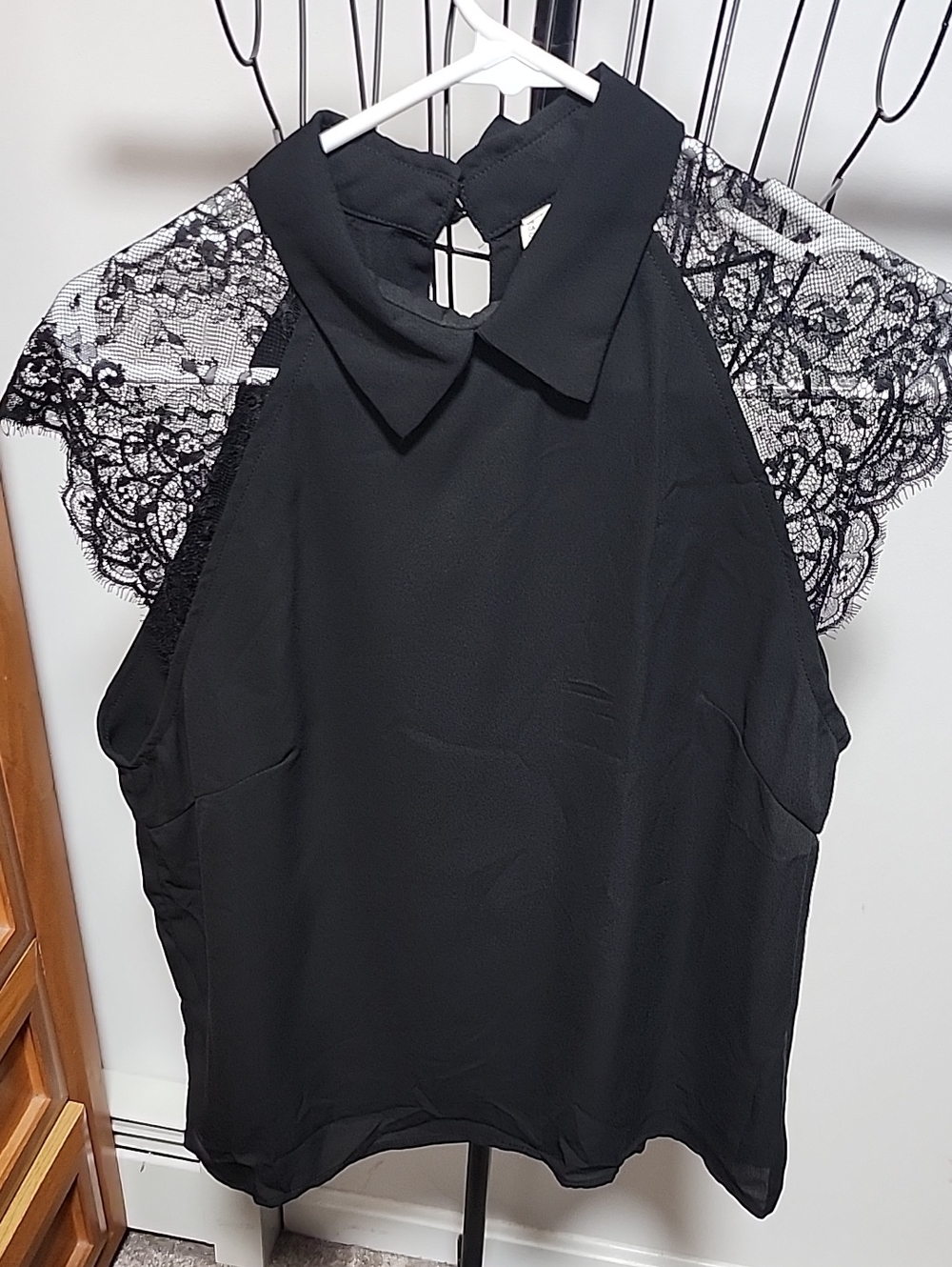 Black Lace Sleeve Collared Women's Top